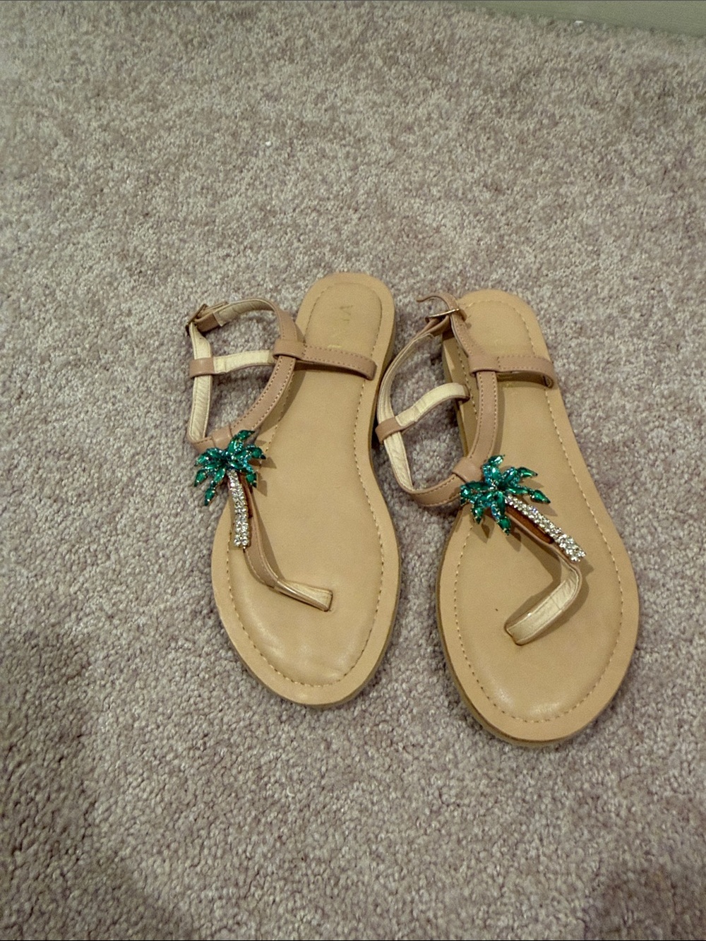 VENUS Tan T‑Strap Sandals with Green Palm Crystal Accents